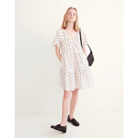 MADEWELL Womens Beige Cotton-Linen Lorelei Mini Dress NEW Clip-Dot Small - Picture 1 of 13